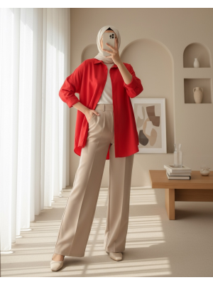 3900 Oversize Uzun Basic Gömlek - Kırmızı