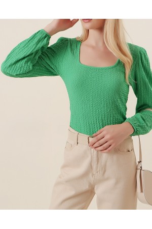 0442 Uzun Kollu Bluz - Yeşil