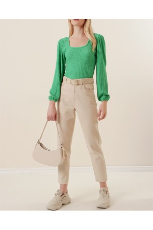 0442 Uzun Kollu Bluz - Yeşil
