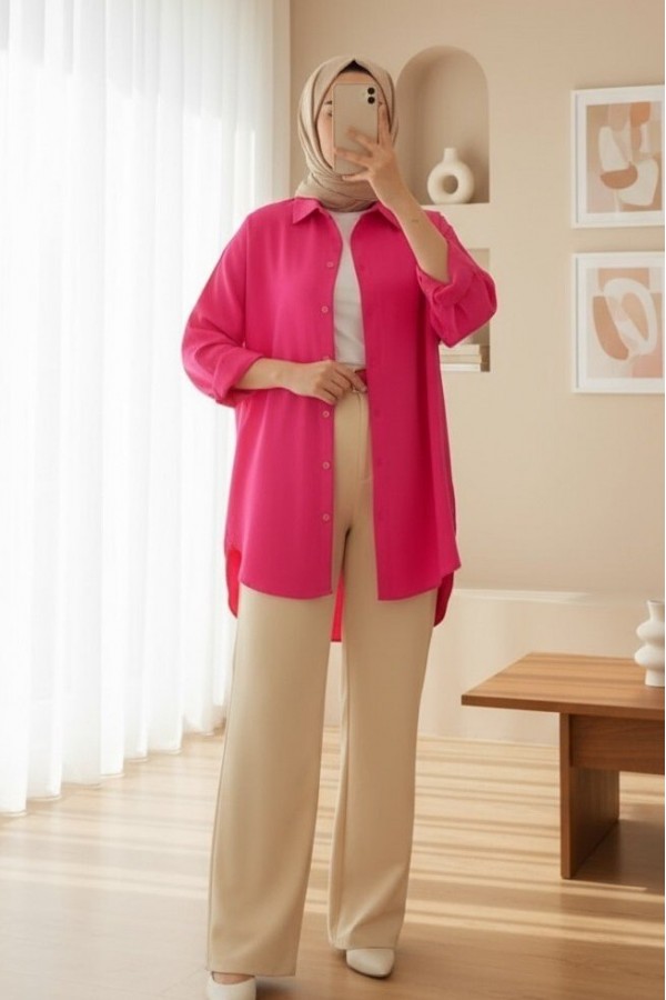 103901 Oversize Basic Tesettür Gömlek - Koyu Pembe