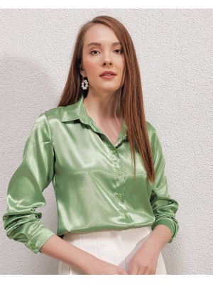 3964 Hafif Dökümlü Saten Gömlek - Y.Yeşil