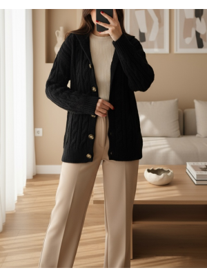 15856 Saç Örgülü Hırka - Siyah