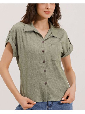 20187 Kısa Kol Oversize Örme Gömlek - Çağla