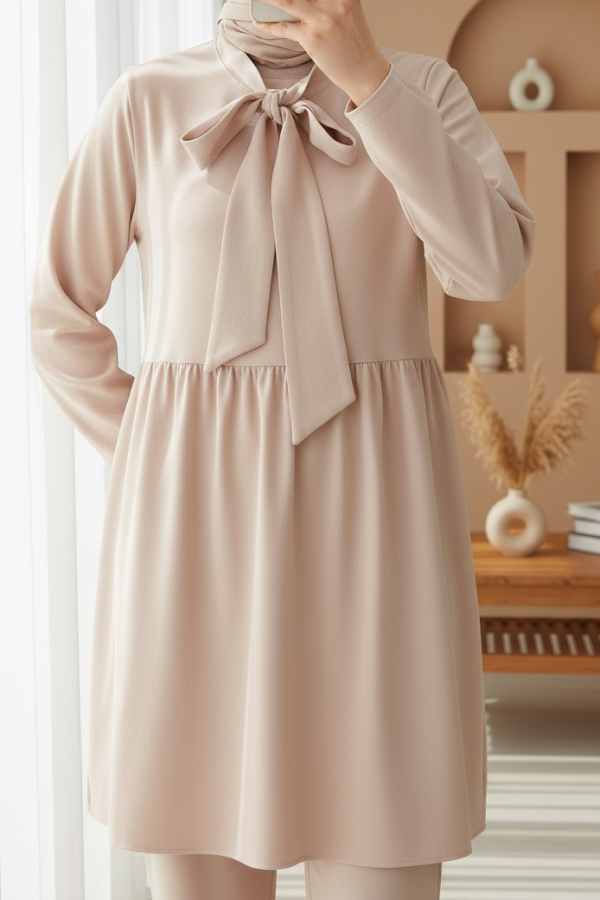 Kadın Krem Örme Pantolon Tunik Alt Üst Takım 6654