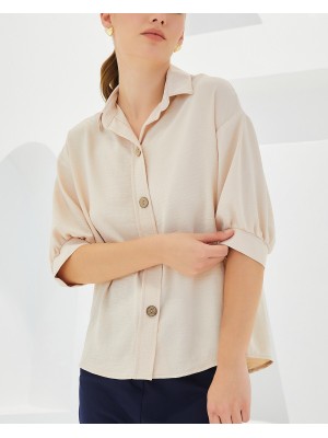 Kadın Krem Kısa Kol Oversize Keten Gömlek 20240
