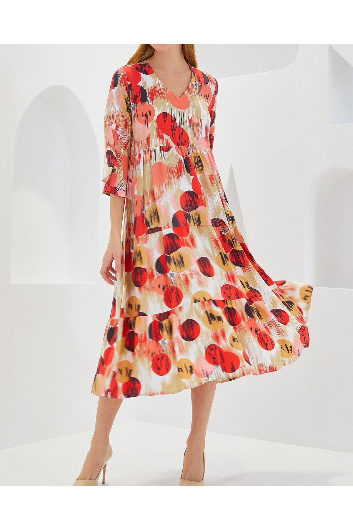 Women's Brick Ecru Patterned Short Sleeve Viscose Dress 1959