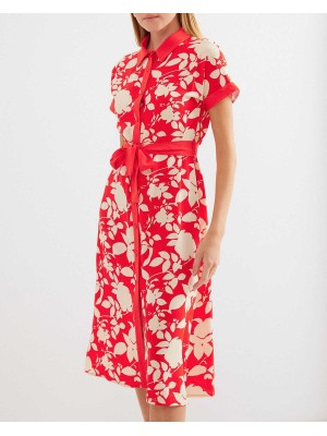 2455 Desenli Gömlek Elbise - Kırmızı