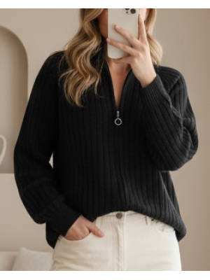 15880 Fermuarlı Triko Hırka - Siyah