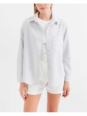 20212 Tek Cepli Çizgili Oversize Gömlek - Bej