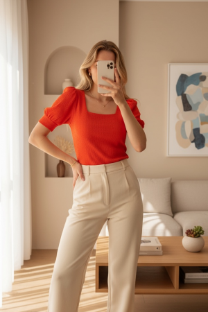 0409 Kare Yaka Örme Bluz - Oranje