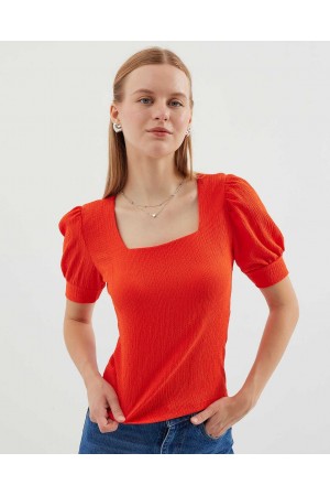 0409 Kare Yaka Örme Bluz - Oranje
