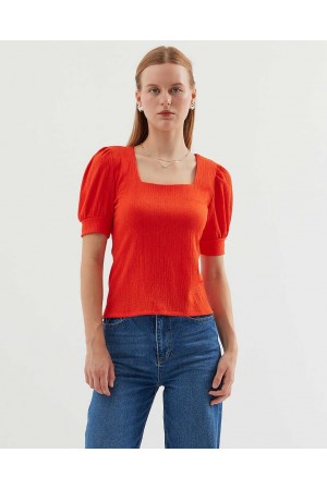 0409 Kare Yaka Örme Bluz - Oranje