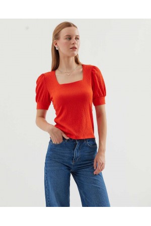 0409 Kare Yaka Örme Bluz - Oranje