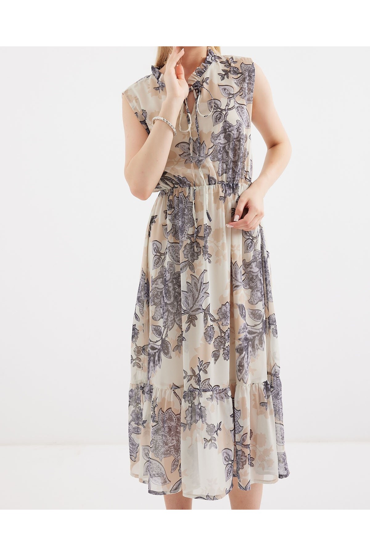2503 Patterned Zero Sleeve Chiffon Dress 