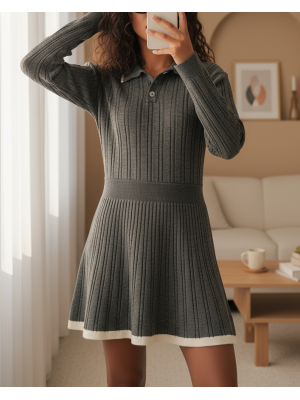 15907 Kadın Polo Yaka Kazak Etek Triko İkili Takım - Antrasit