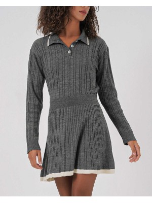 15907 Kadın Polo Yaka Kazak Etek Triko İkili Takım - Antrasit