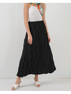 Kadın Uzun Kırışık Etek 8042 - Siyah