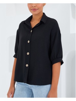 Kadın Siyah Kısa Kol Oversize Keten Gömlek 20240