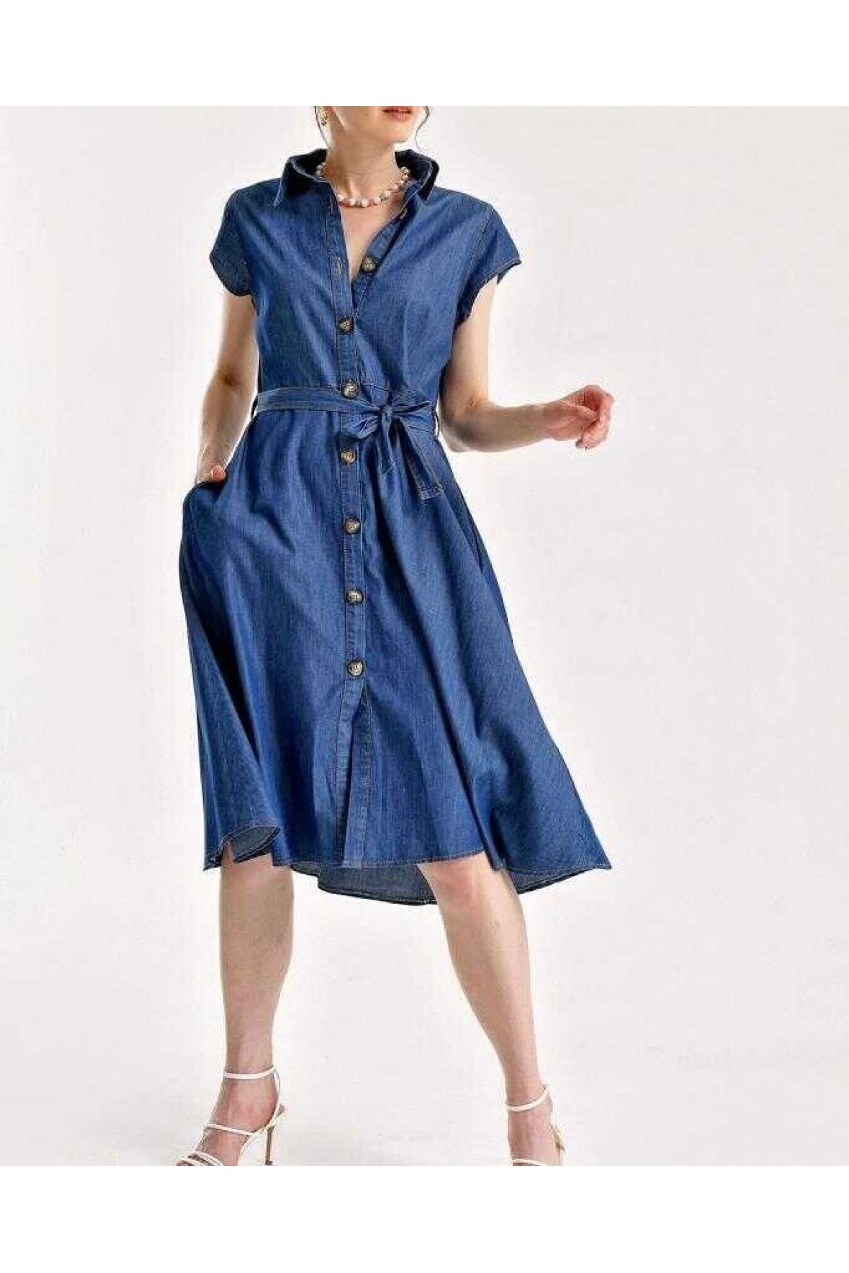 1677 Buttoned Belted Denim Dress 