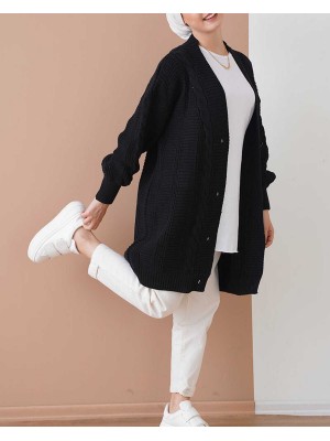 15768 Tesettür Triko Hırka - Siyah