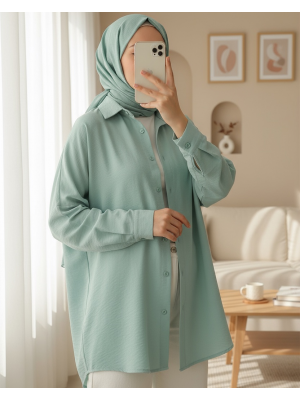 3900 Oversize Uzun Basic Gömlek - Su Yeşili