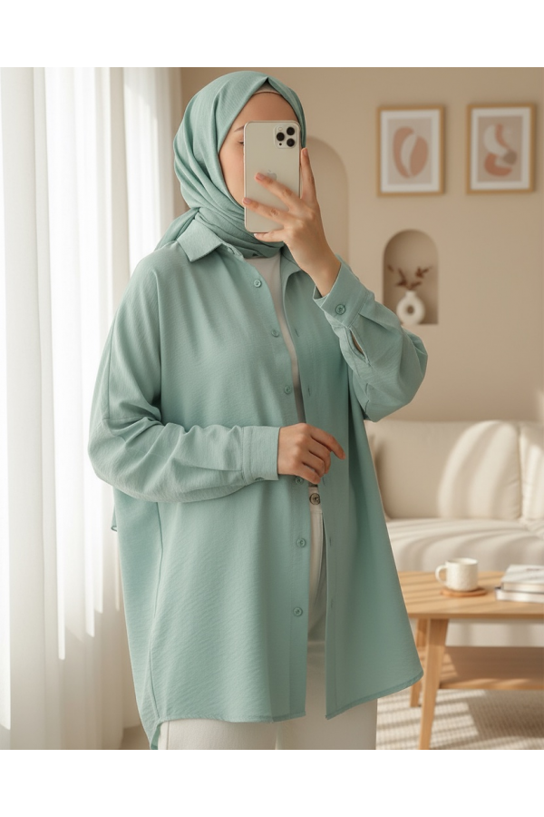 3900 Oversize Uzun Basic Gömlek - Su Yeşili