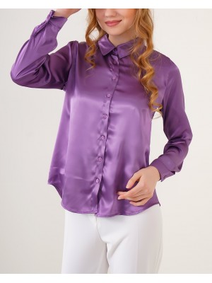 3964 Hafif Dökümlü Saten Gömlek - Mor