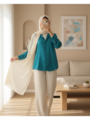 3964 Hafif Dökümlü Saten Gömlek - A.Yeşil