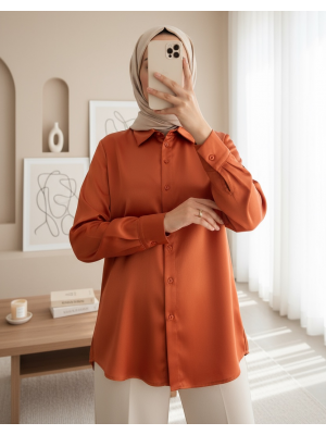 3964 Hafif Dökümlü Saten Gömlek - Turuncu