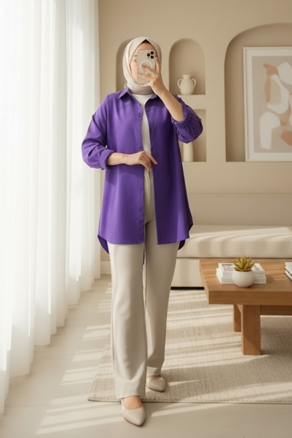 103901 Oversize Basic Tesettür Gömlek - Mor