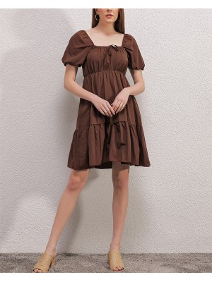 2351 Kloş Poplin Elbise - Kahverengi