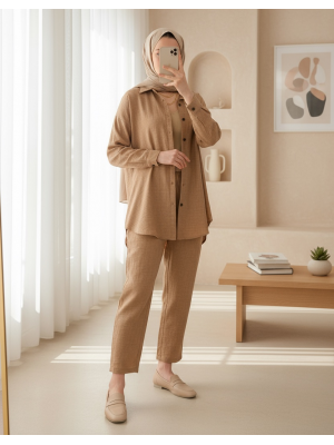 Kadın Camel Oversize Keten Alt Üst Takım 6622