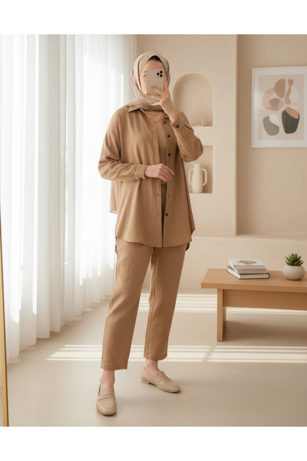 Kadın Camel Oversize Keten Alt Üst Takım 6622
