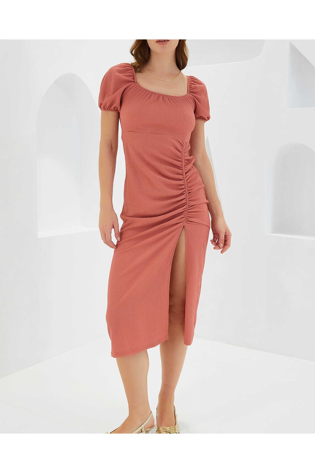 Women's Dusty Rose Slit Summer Knitted Dress 2396