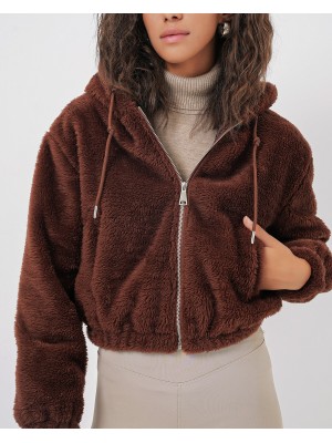5193 Kapüşonlu Peluş Crop Ceket - Kahverengi