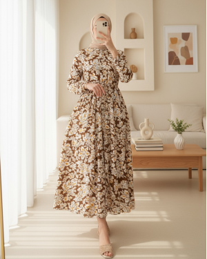 2144 Hakim Yaka Tesettür Elbise - Kahverengi