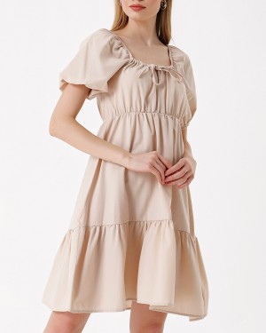 2351 Kloş Poplin Elbise - Bej