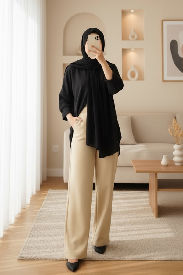 103901 Oversize Basic Tesettür Gömlek - Siyah