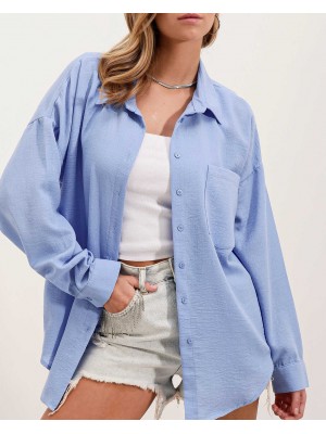 20153 Tek Cepli Oversize Keten Gömlek - Mavi