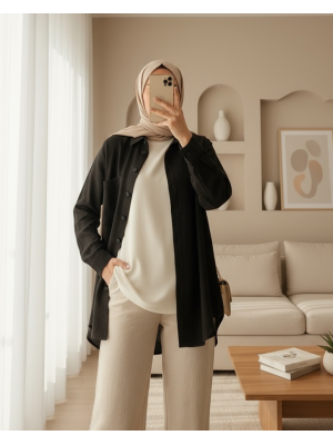 20126 Oversize Keten Gömlek - Siyah