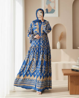 2423 Otantik Desenli Tesettür Elbise - F.Mavi