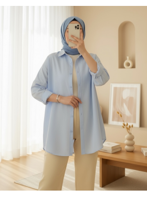 103901 Oversize Basic Tesettür Gömlek - Açık Mavi