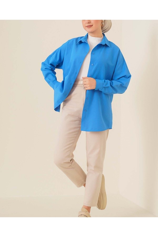 103901 Oversize Basic Tesettür Gömlek - Saks