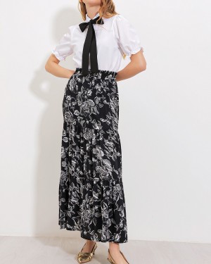 Kadın Siyah Desenli Uzun Viskon Etek 1898