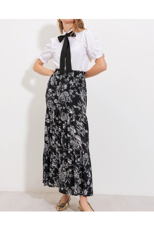 Kadın Siyah Desenli Uzun Viskon Etek 1898