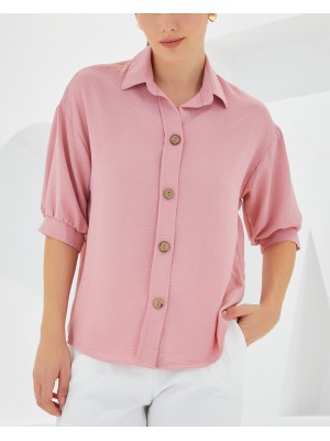 Kadın Pembe Kısa Kol Oversize Keten Gömlek 20240