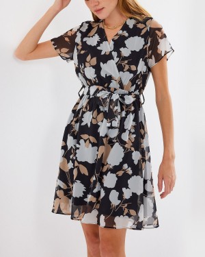 2502 Kısa Kol Desenli Şifon Elbise - A.Siyah