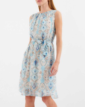 2501 Desenli Sıfır Kol Şifon Elbise - Mavi