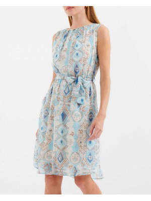 2501 Desenli Sıfır Kol Şifon Elbise - Mavi
