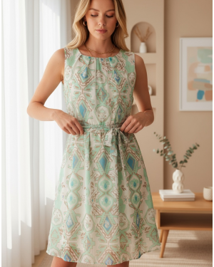 2501 Desenli Sıfır Kol Şifon Elbise - Mint